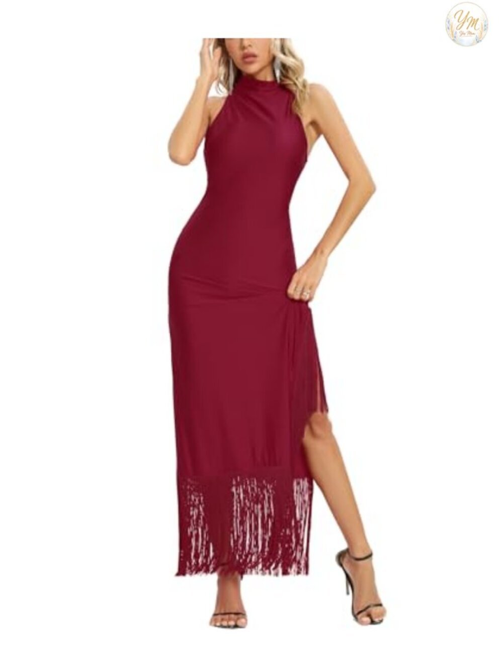 Womens Gatsby Maxi Dress Halter Tassel Hem Gown Sleeveless with Slit
